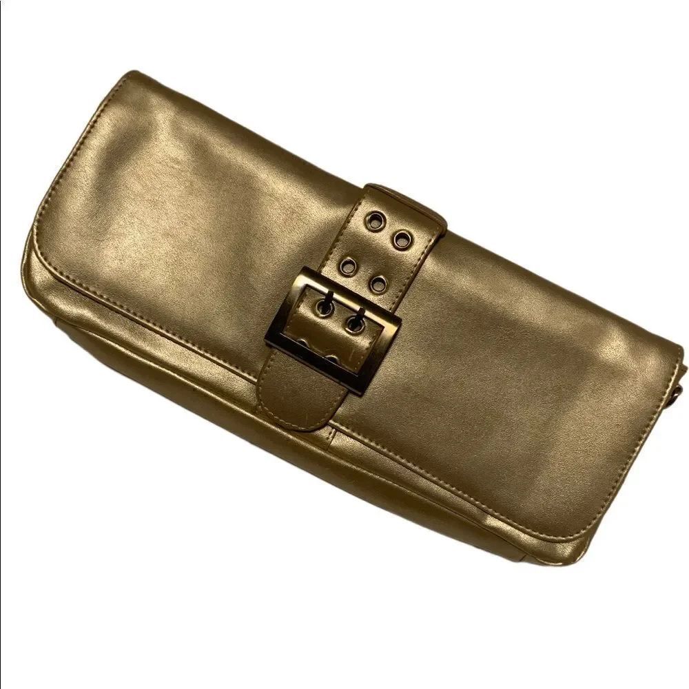 Gold Vegan Leather Clutch W/Removable Chain Strap